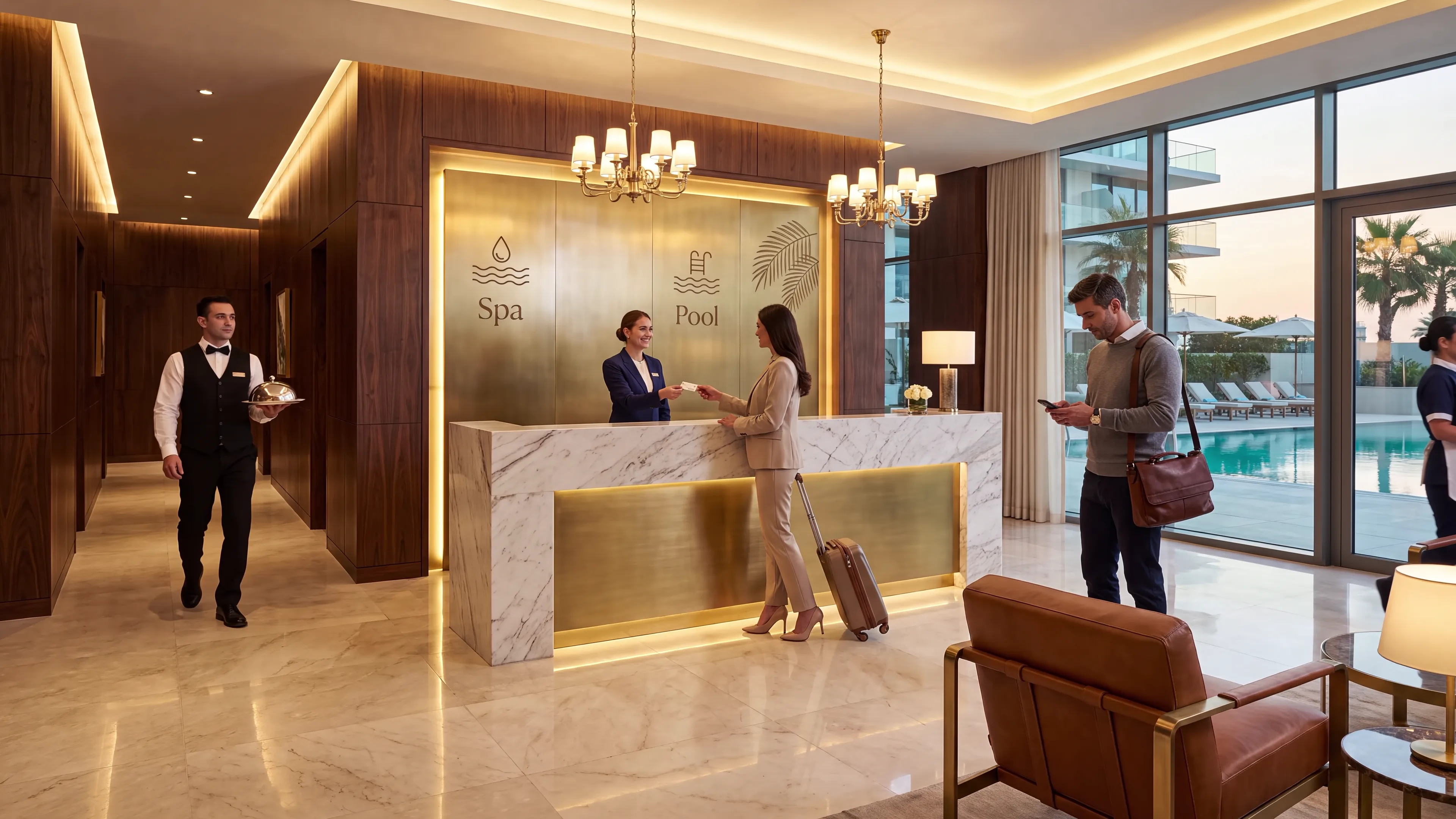 The hotel lobby: check-in, room service, housekeeping in motion